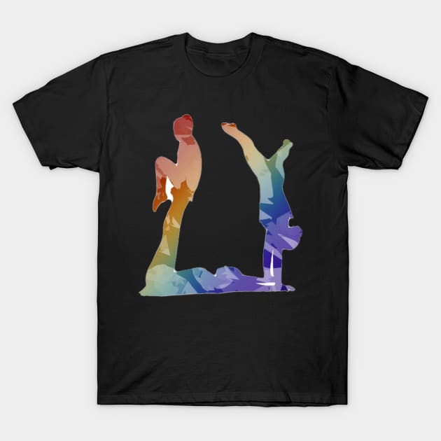 A women’s trio doing open box with tuck and handstand. T-Shirt by artsyreader